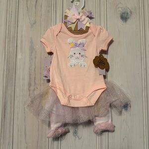 NWT Baby Essentials 4 piece Easter Bunny Baby Girl Outfit Dress size 3 months